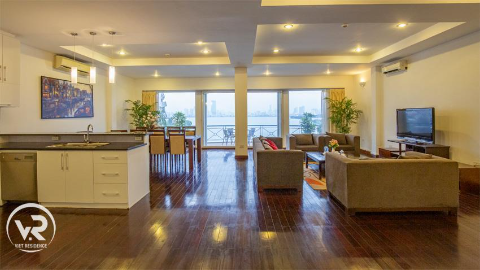Breathtaking views apartment for rent Tay Ho Hanoi, lake view living room